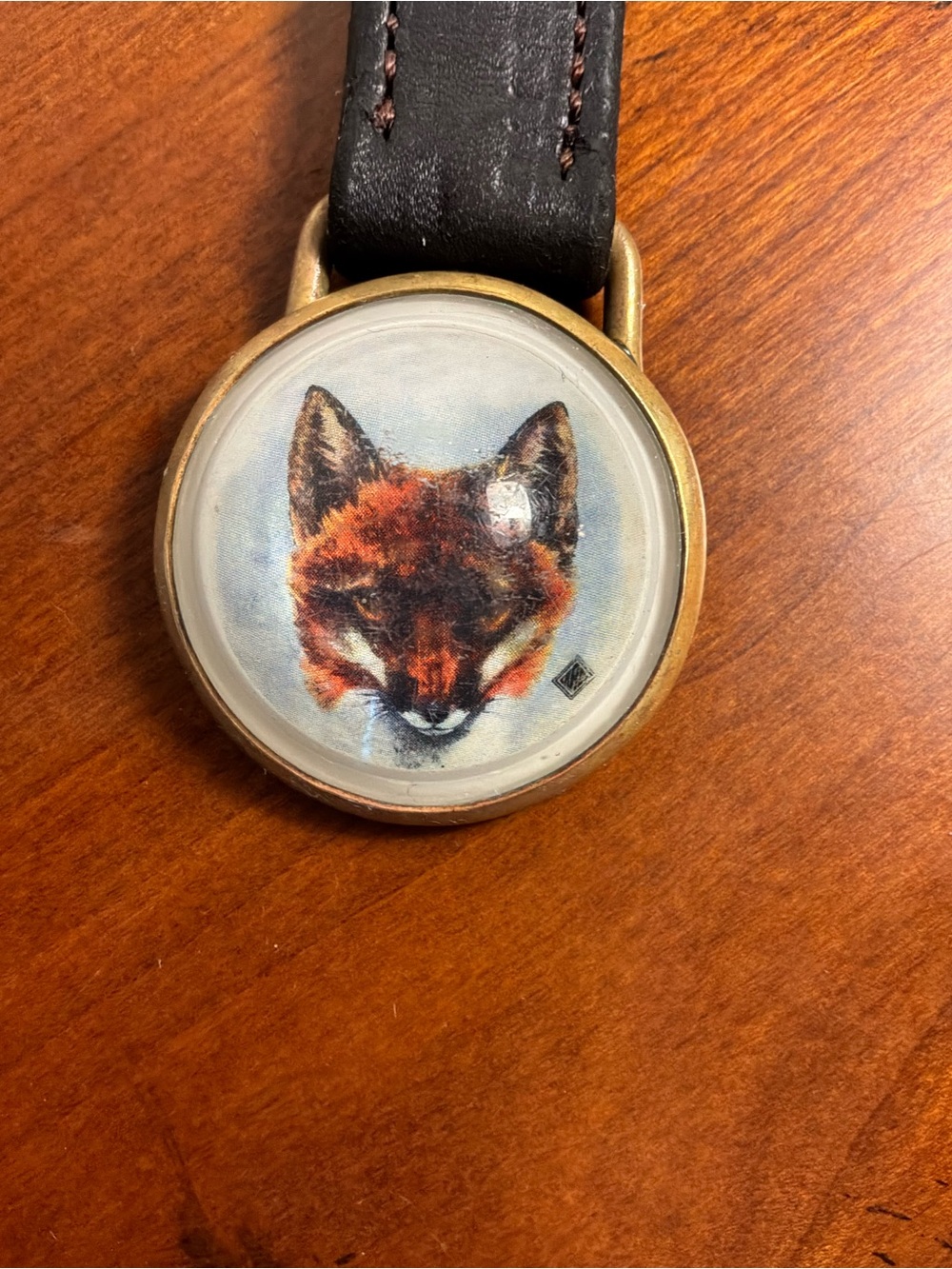 Fox Art Brass & Brown Leather Key c Holder Charm - Picture 2 of 5